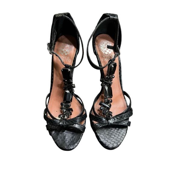 Vince Camuto Woke Black Jeweled Snakeskin Embossed Leather Stiletto heels 7.5 - Picture 1 of 5